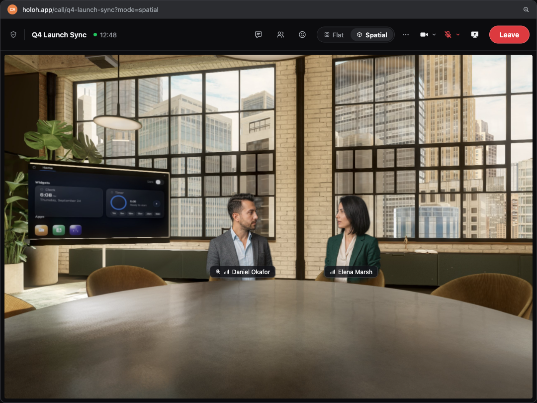 A HOLOH spatial call with participants seated at a shared table in a 3D room, with Flat and Spatial view toggle