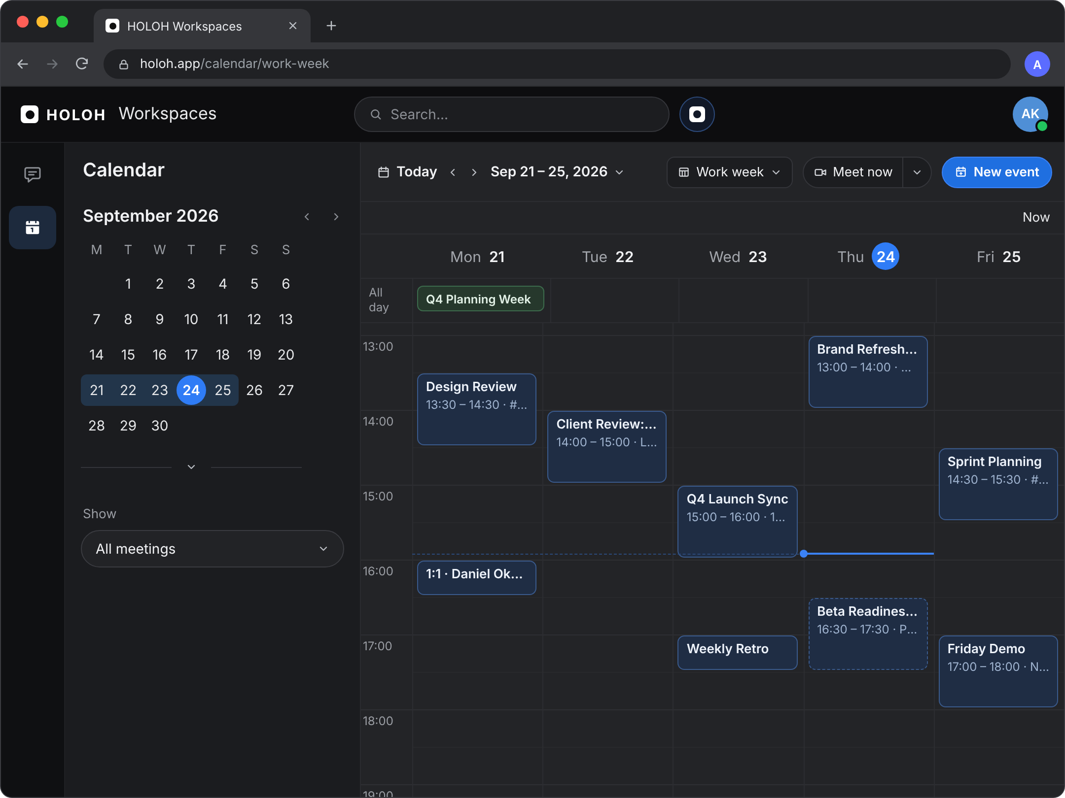 HOLOH Workspaces calendar in work-week view with meetings and Meet now / New event controls