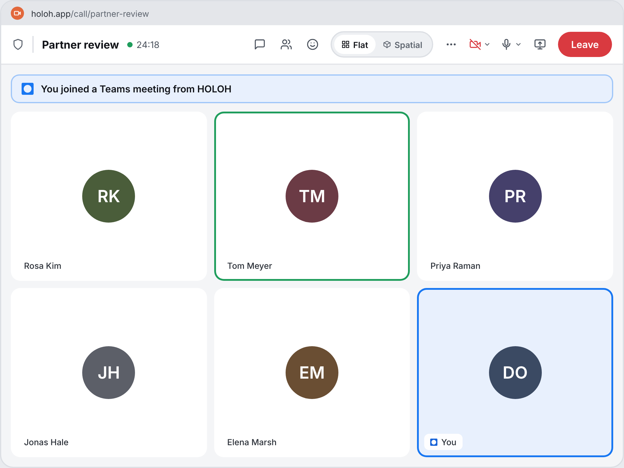 A HOLOH call window inside a Teams meeting, with the participant grid and call controls